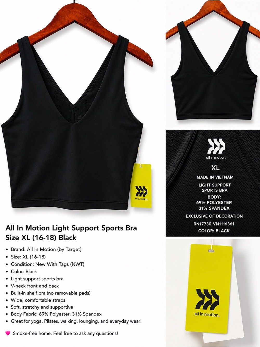All In Motion Women’s XL Black Light Support V-Neck Wireless Mesh Sports Bra NWT